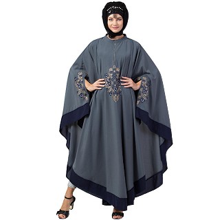 Embroidery Irani Kaftan with contrast border- Grey-Navy